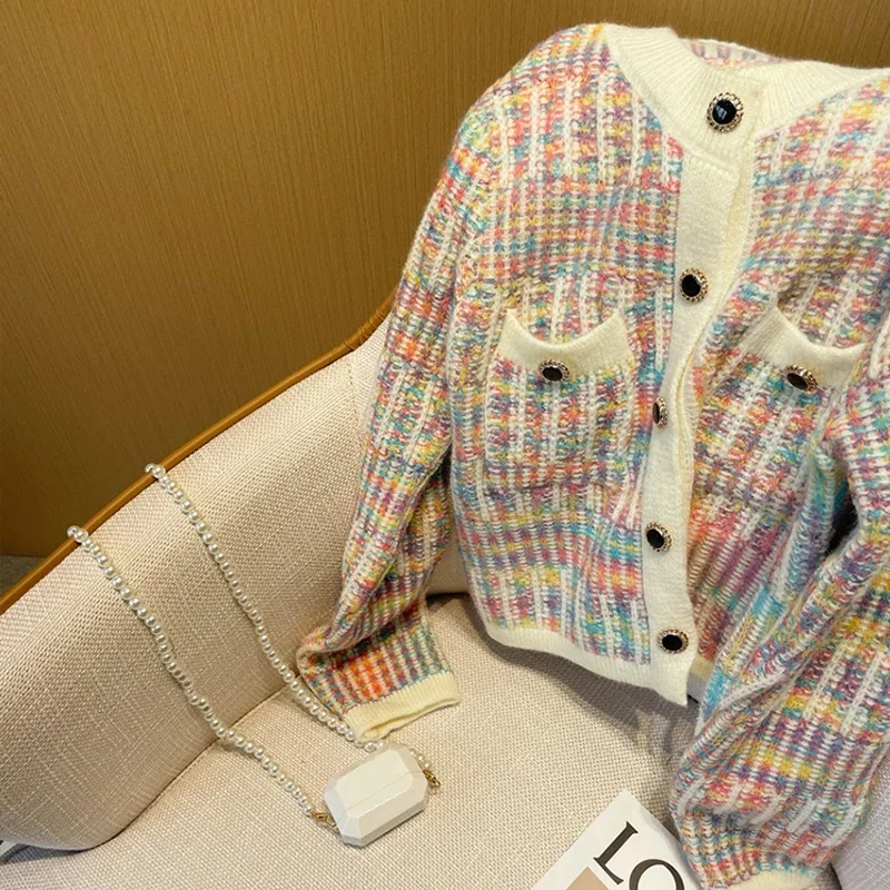 Autumn Korean Vintage Loose Rainbow Striped Knitted Cardigan Sweater Women Long Sleeve Mixed Color Single Breasted Pockets Tops