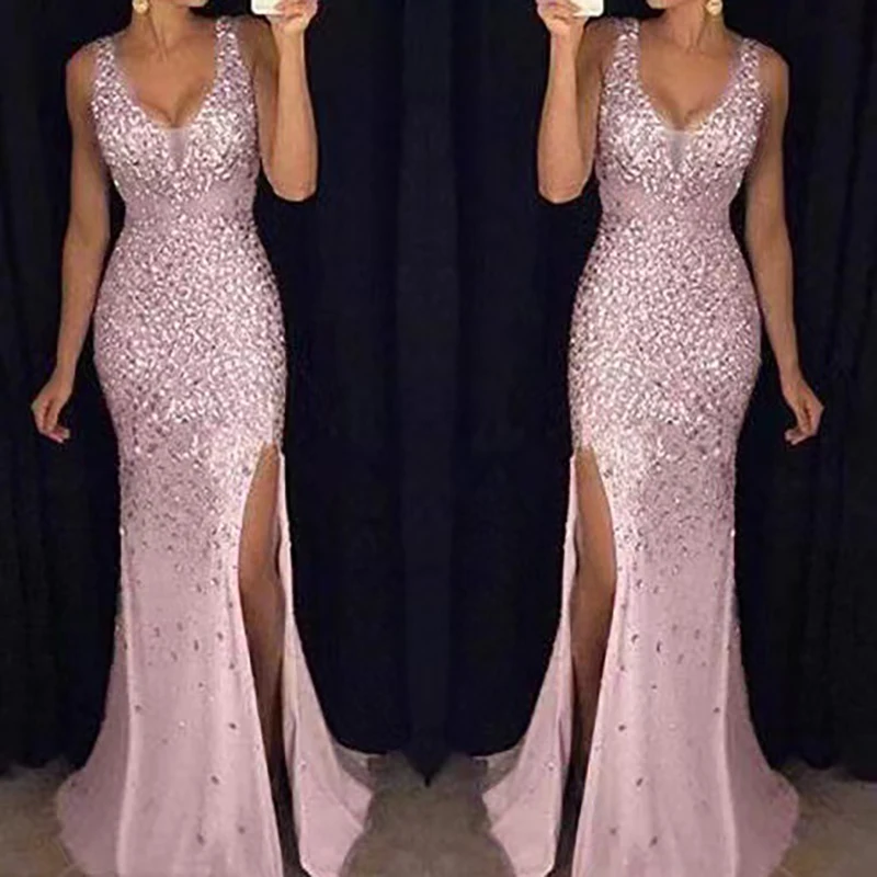 Elegant New Women\'s Long Dress with Suspender Lady Bling Sequines Wedding Evening Dress  V-neck Slit Slim-fitting High-end Dress
