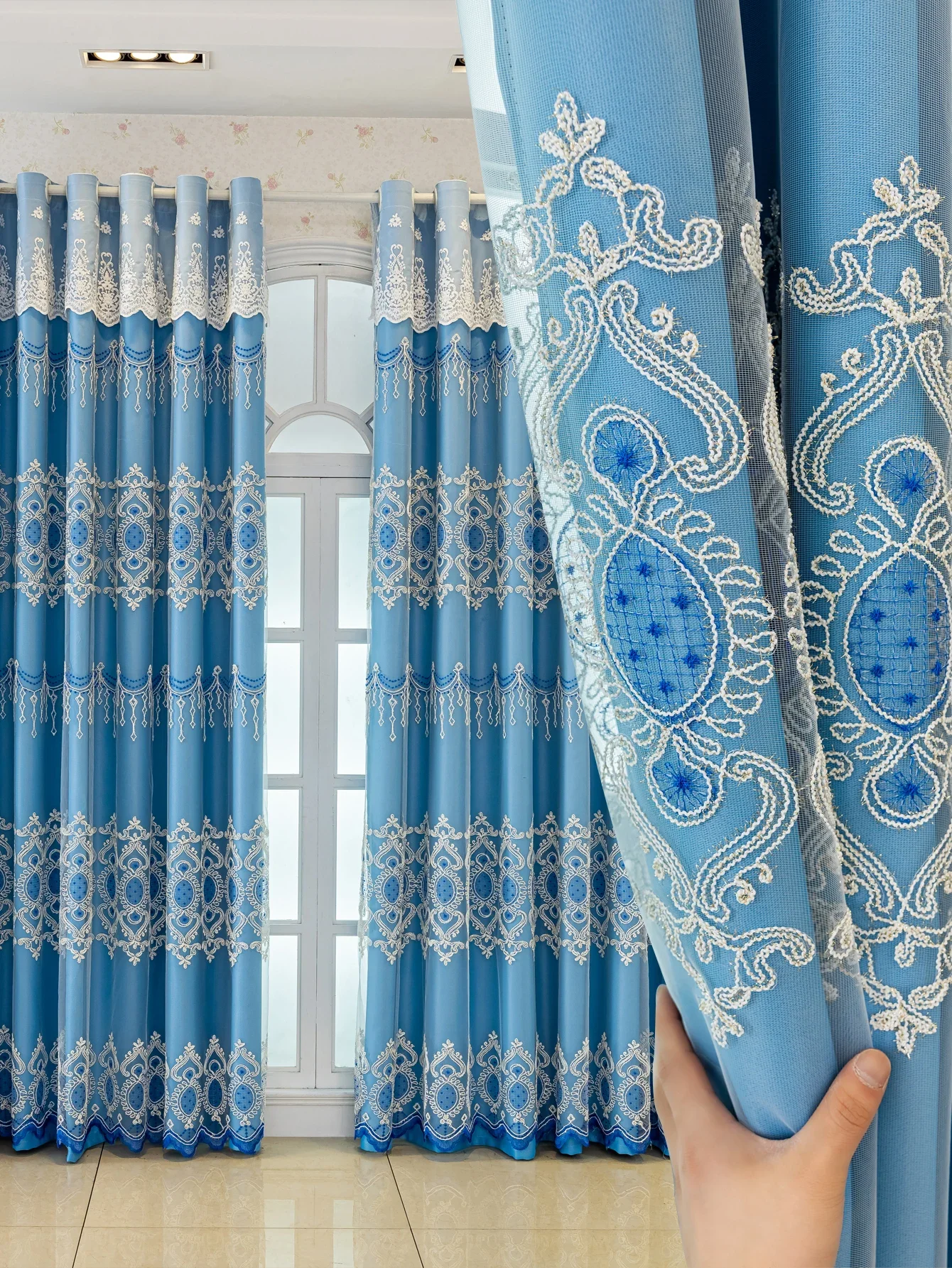 

Double-layer Embossed Embroidered Blackout Curtain Gauze All-in-one Lace Gauze Simple Modern Embroidered Gauze Curtain