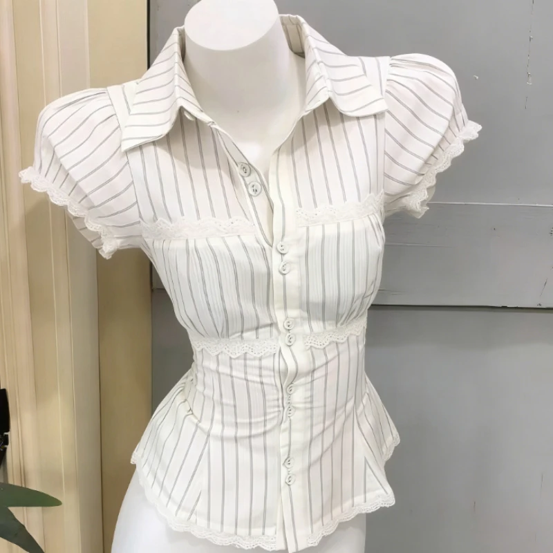

Блузка в стиле Y2K: японская милая лолита, женская повседневная полосатая рубашка с рюшами, милый наряд в стиле Харадзюку, шикарный топ для образа феи-принцессы