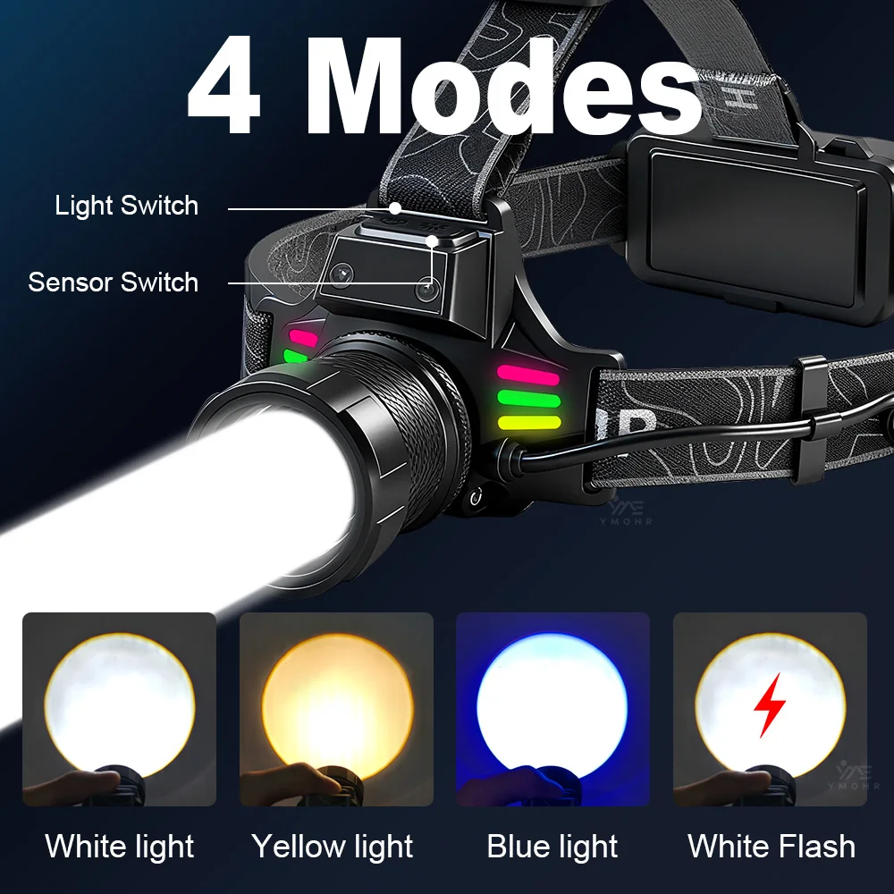 Linterna Frontal 2000 Lúmenes Recargable, Enfoque Ajustable, 2x18650, Impermeable, 3 Colores, para Senderismo, Camping y Pesca