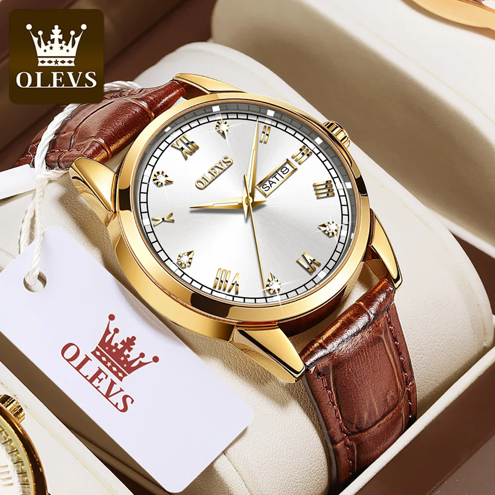 

OLEVS 6896 Fashion Quartz Watch Gift Genuine Leather Watchband Round-dial Week Display Calendar Luminous