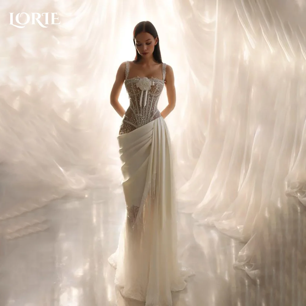 

Винтажное свадебное платье LORIE из креп-кружева с тонкими бретелями, разрезом и плиссировкой, элегантное платье-русалка с иллюзией прозрачности, на заказ