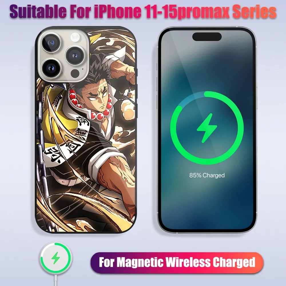 bilibili Demon Slayer Himejima Gyoumei Phone Case For iPhone 13 14 15 11 12 Pro Max Plus Glass Charging Magsafe Magnetic Cover