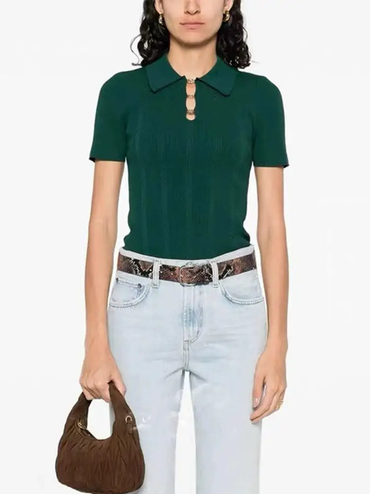 Ele European Sle ort Sve Turtlene Slim Fiteeni-Khaki レースアップ メタル チェーン デザイン ニット トップス 女性用