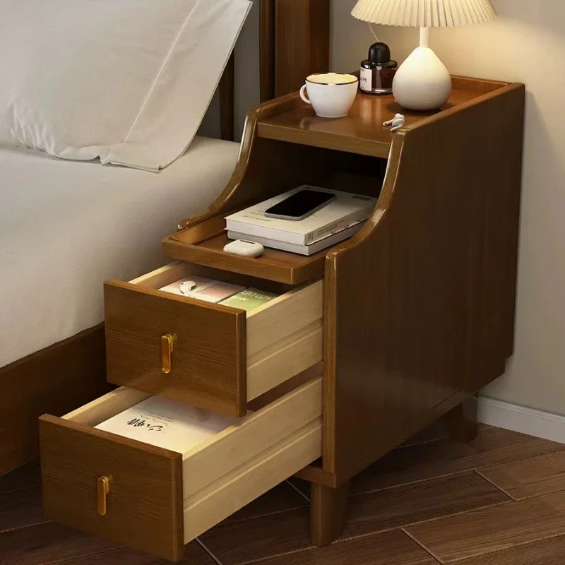 Cream Style Small Ultra-narrow Cabinet All Solid Wood Bedside Table Simple Storage Side Cabinet Home Furniture