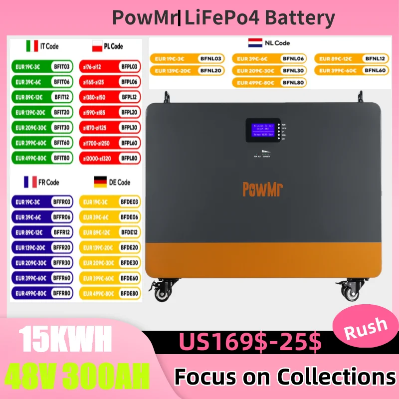 PowMr 51.2V 300AH 100Ah Power Wall LiFePo4 Lithium Battery 15KWH BMS 6000+ Cycles Energy Storage Battery Solar Home Power No Tax