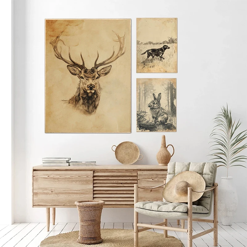 Classic Rabbit Deer Dog Fish Duck Sketch Posters Print Canvas Painting Modern Farmhouse Wall Art Picture Office Home Decor Gifts