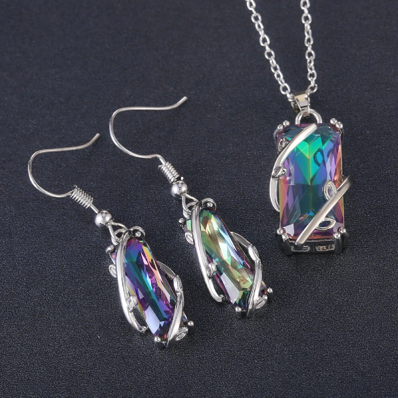 Huitan Geometric Multicolor CZ Women Ring Necklace Earring Set