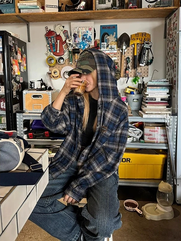 Vintage Plaid Shirts Women Harajuku Long Sleeve American Style Drawstring Hooded Blouses Loose Casual Streetwear Spring