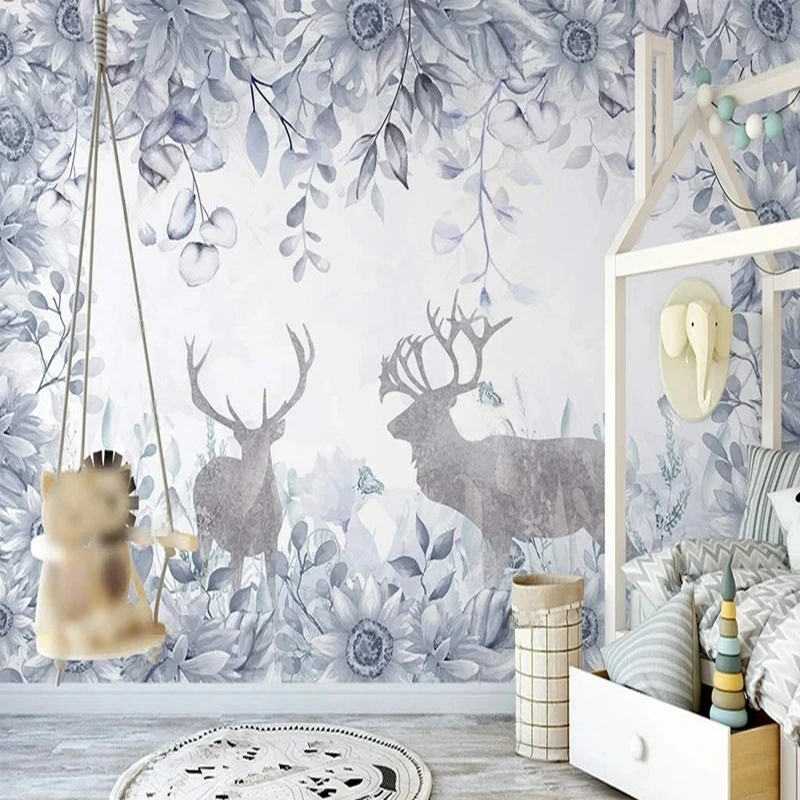 Custom Size Wall Mural - Hand-Painted Deer and Floral Leaf Pattern Wallpaper for Living Room Hallway Home Interior Wall Decor