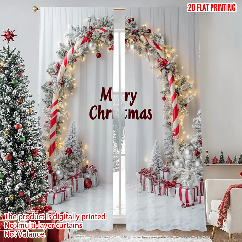 

2pcs 2D flat printing Christmas Window Curtains Christmas wreath welcome Versatile 100% Polyester Without Electricity Family