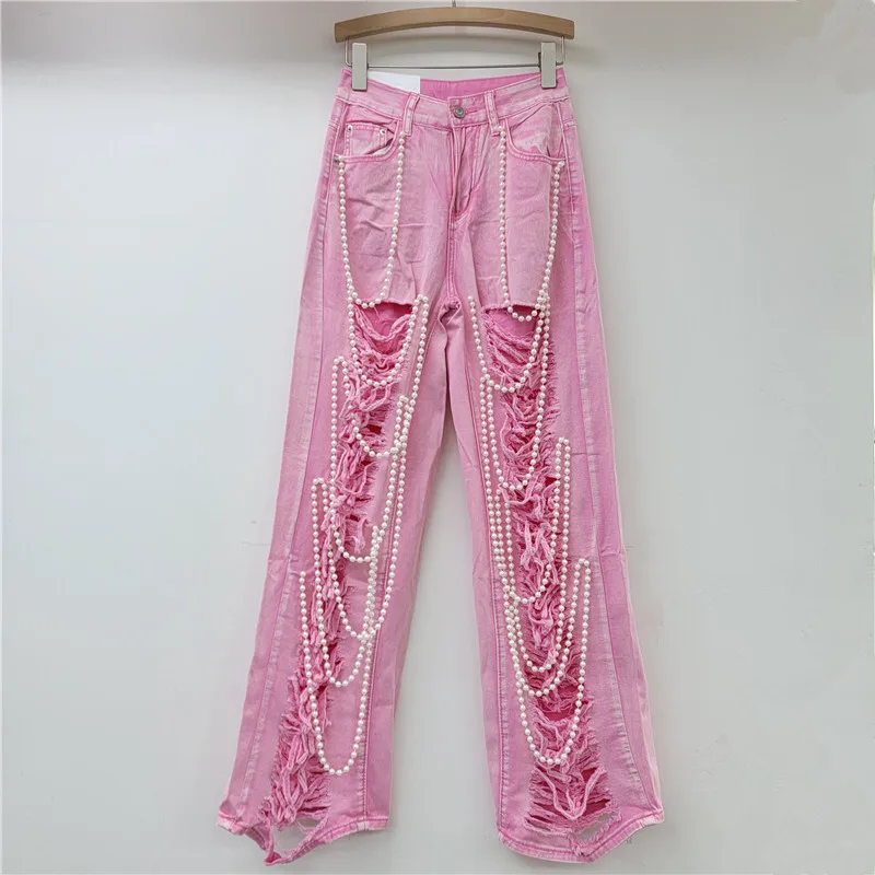 [zoci] Heavy Industry Design Piercing Handmade Nail Pearl Chain Jeans Women New Look Slim Wide Straight Leg Pants Trendy