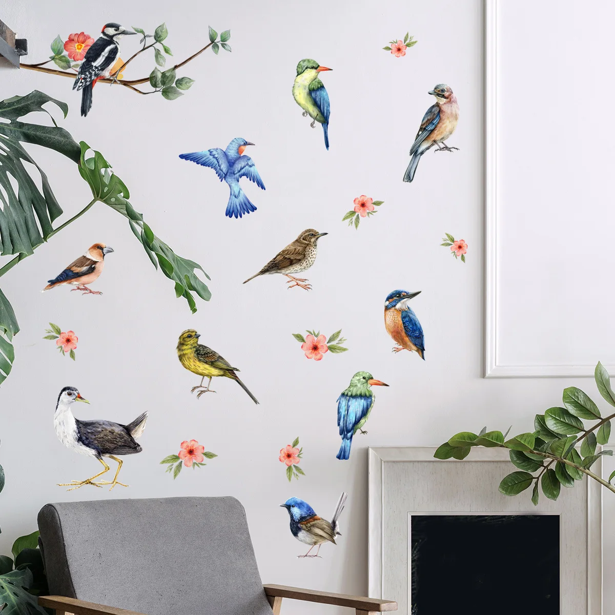 30*60cm Branch Bird Flower Cartoon Wall Sticker Background Wall Living Room Living Room Bedroom Decoration Mural Wall Sticker