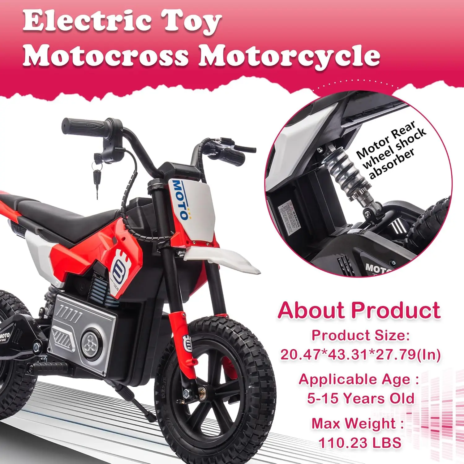 Motocicleta elétrica para crianças de 5 a 15 anos, 24V 200W Bicicleta elétrica de sujeira de maior velocidade, crianças viajam na motocicleta com choque da roda traseira