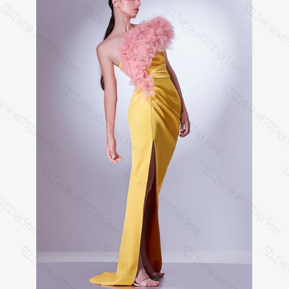 

Slim Yellow One Shoulder Slit Chic Prom Dresses Straight Sleevesless Floor-Length Female Party Evening Gown
