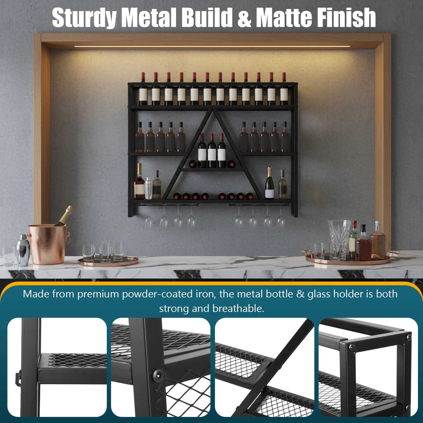 

Metal Bottle & Glass Holder Multi-Purpose Floating Wall Wine Bracket Large Capacity for Kitchens Bars Cafes