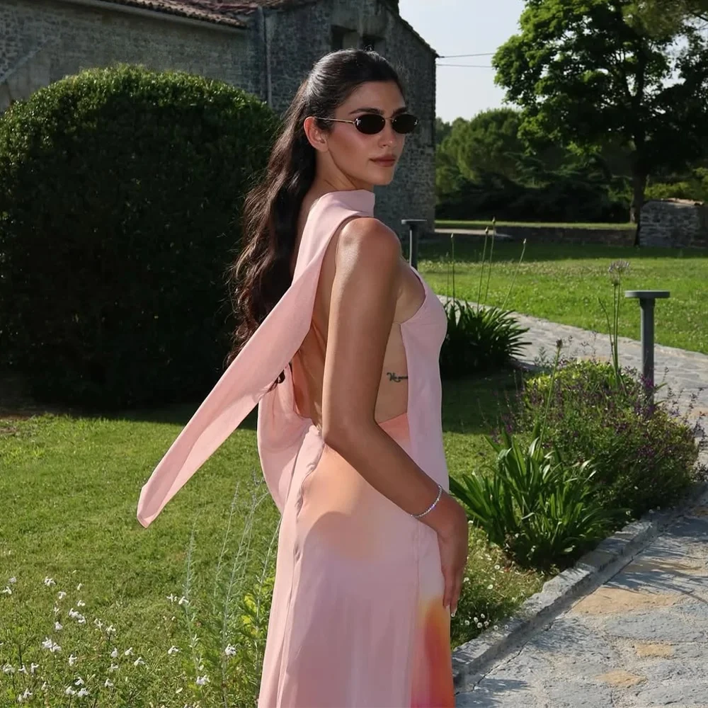 2025 Spring Summer Elegant Women Scarf Collar Dresses Fashion Sexy Print Slim Sleeveless Cami Chic Ladies Long Dresses