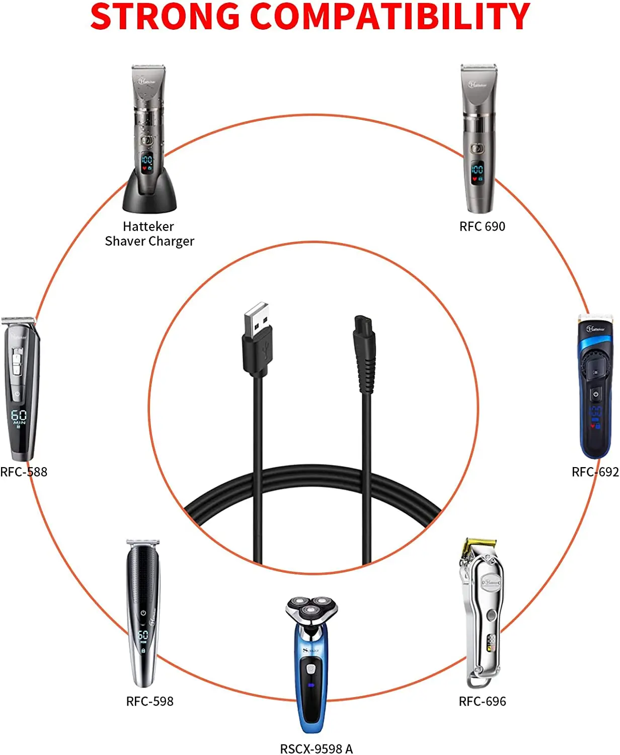 Cable cargador USB Compatible con Hatteker, cortadora de pelo, recortadora de barba, RFC-588 de aseo, RFC-598, maquinilla de afeitar inalámbrica para hombres, RFC-692