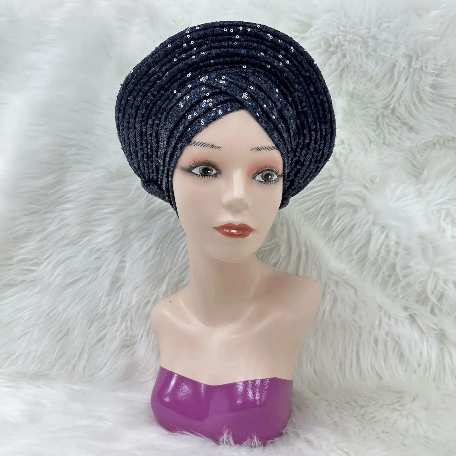 

Hot sale African Women's Turban Cap Nigeria Female Head Wraps Already Made Auto Gele Headtie Muslim Turbans Party Headpiece 3140