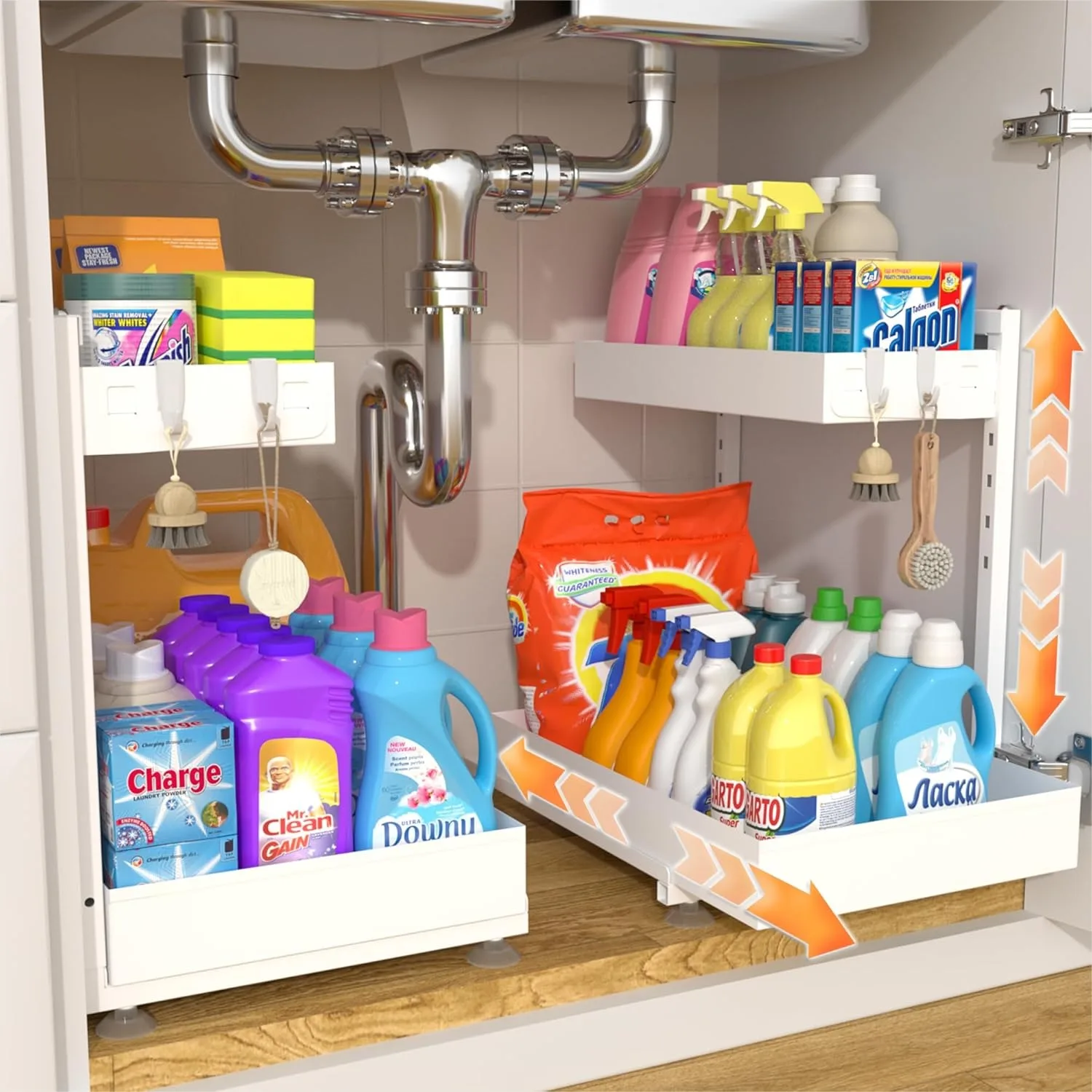 

Under Sink Organizer 2 Pack, 2 Tier Heavy Duty Slide Out Pull Out Cabinet Storage, Height Adjustable for Kitchen Bathroom Pantry