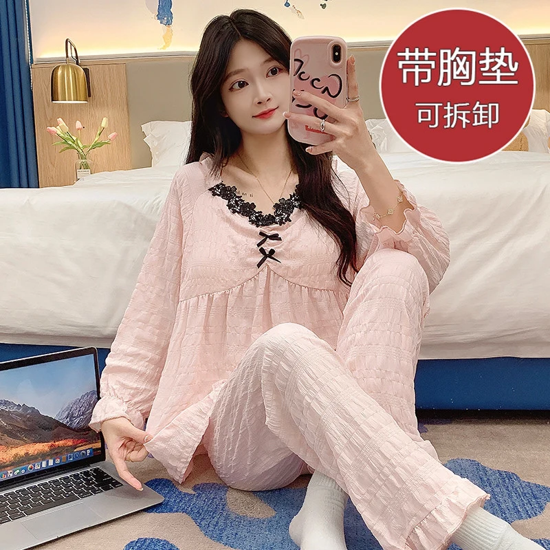 2024 Autumn Long Sleeve Sexy Lace V-neck Cotton Pajama Sets for Women Korean Sleepwear Pyjama Homewear Pijama Mujer Home Clothes