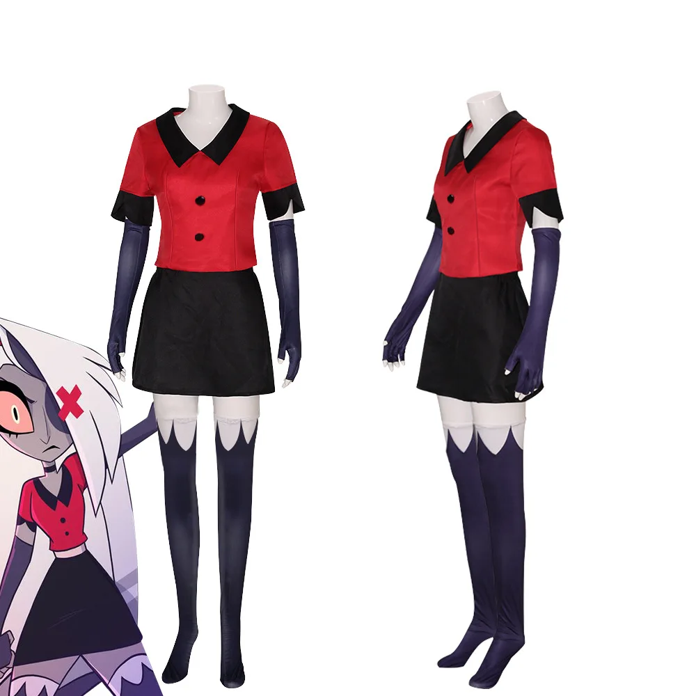 

Anime Vaggie Cosplay Costume Haz bin Cos Hotel Red Uniform Top Skirt Gloves Socks Full Set Suits for Adult Halloween Party Fancy