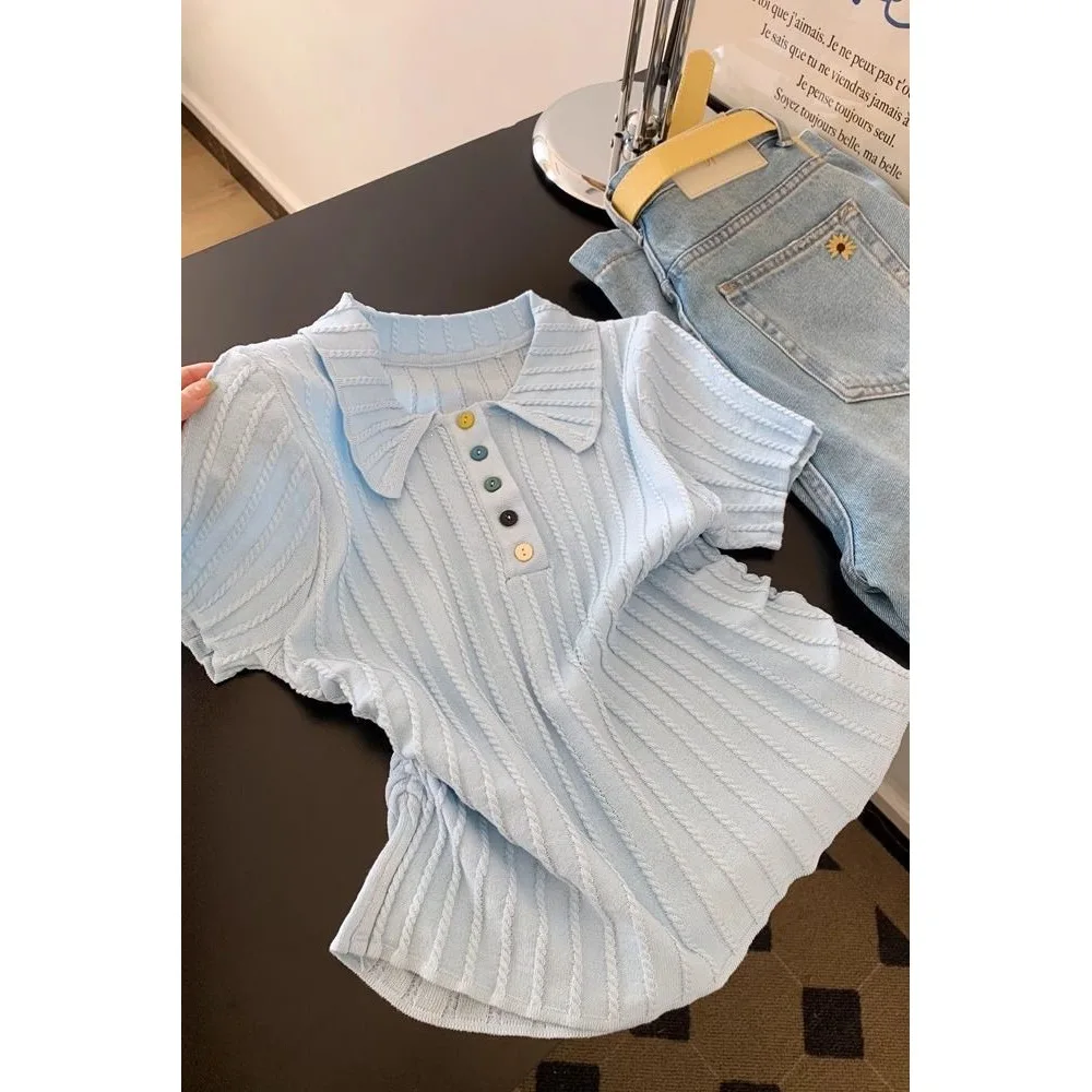 Blue Ice Silk Knitted Short Sleeve Polo Neck Small Shirt Women's Shoulder Design Sensation Top Fashion Elegant Loose Fit T-Shirt