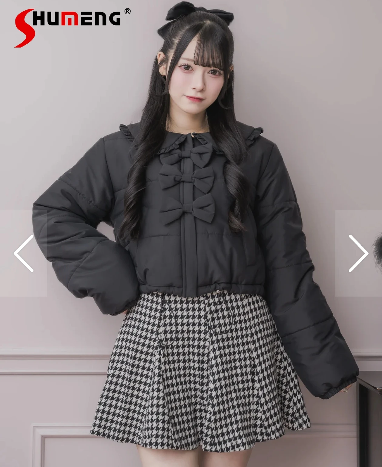 

Japanese Style Sweet Cute Floral Bow Doll Collar Long Sleeve Casual Warmed Cotton Padded Short Jackets Coats for Women Winter