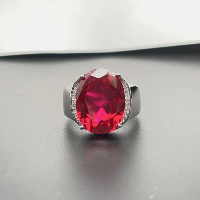 Hight Quality Man Made Ruby Ring for Men 12mm*16mm Lab Created Red Crystal Jewery 18K Gold Plated 925 Silver Men Ring