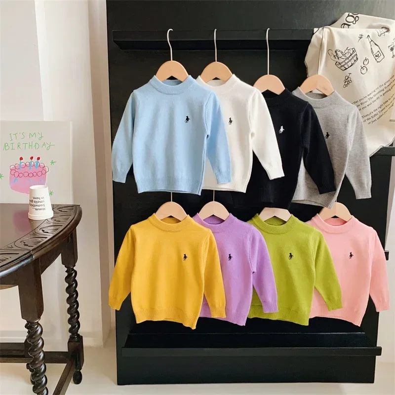 Autumn Kids Sweater Embroidery for Baby Boys and Girls Knitted Long Sleeve Solid Sweater Loose Pullover Casual Tops Kids Clothes