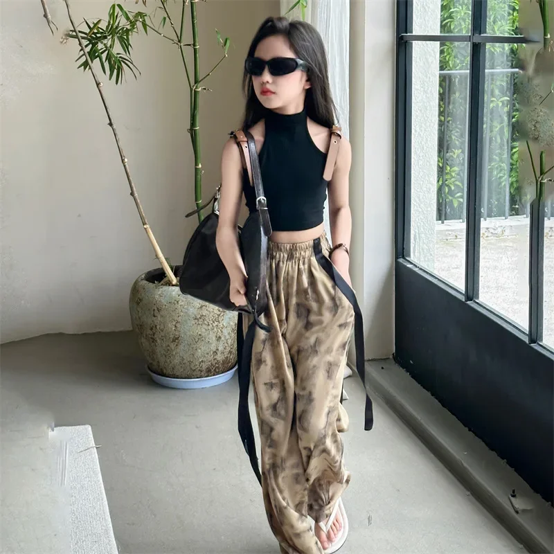 

2025 summer Korean black vest hip hop streetwear open back kids crop tops 6 to 16 years teenage baby girl clothes sleeveless