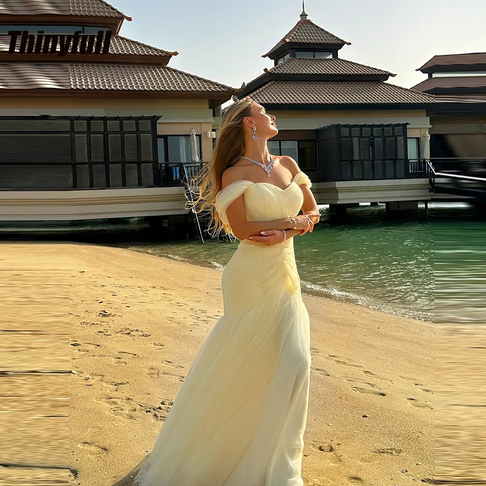 

Thinyfull Mermaid Arab Prom Dresses Off Shoulder Tulle Evening Gown Pleat Long Dubai Formal Dress robes de soirée Customized
