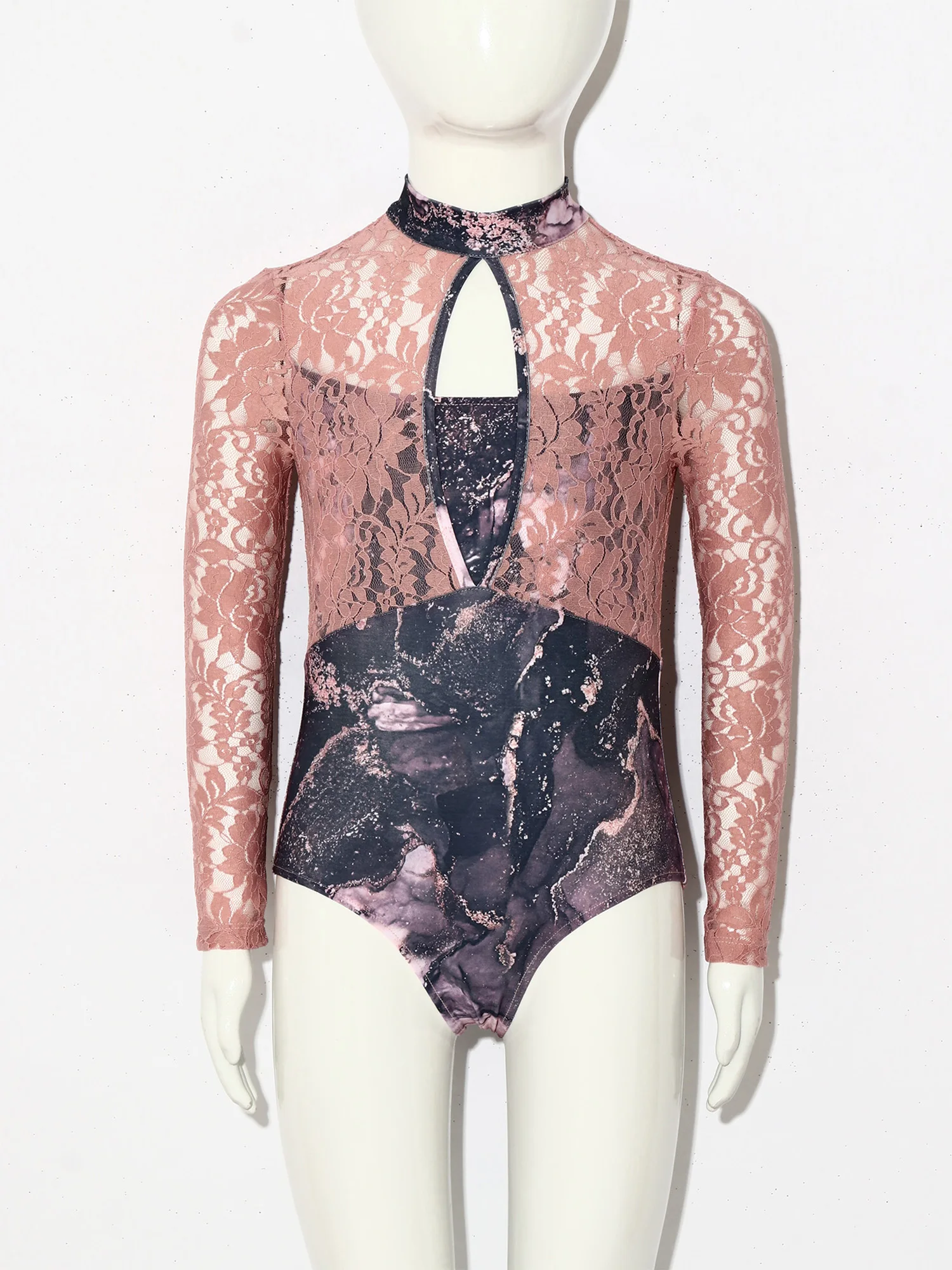 Kids Girls Mock Neck Long Sleeve Cutout Jumpsuit Floral Lace Triangle Bodysuit for Ballet Dance Stage Performance Competition