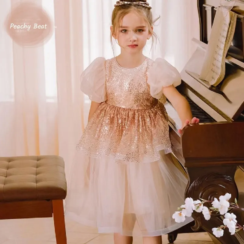 

Baby Girl Princess Puff Sleeve Sequin Tutu Dress Toddler Child Teens Bow Tulle Vestido Party Pageant Birthday Baby Clothes 2-14Y