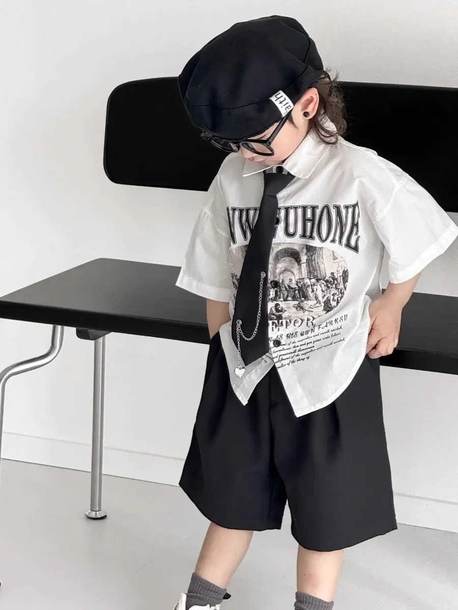 

Boys' Shirt Set 2026 Summer Children's Collar Printed Short Sleeved Top+Tie+Shorts Three-piece Set