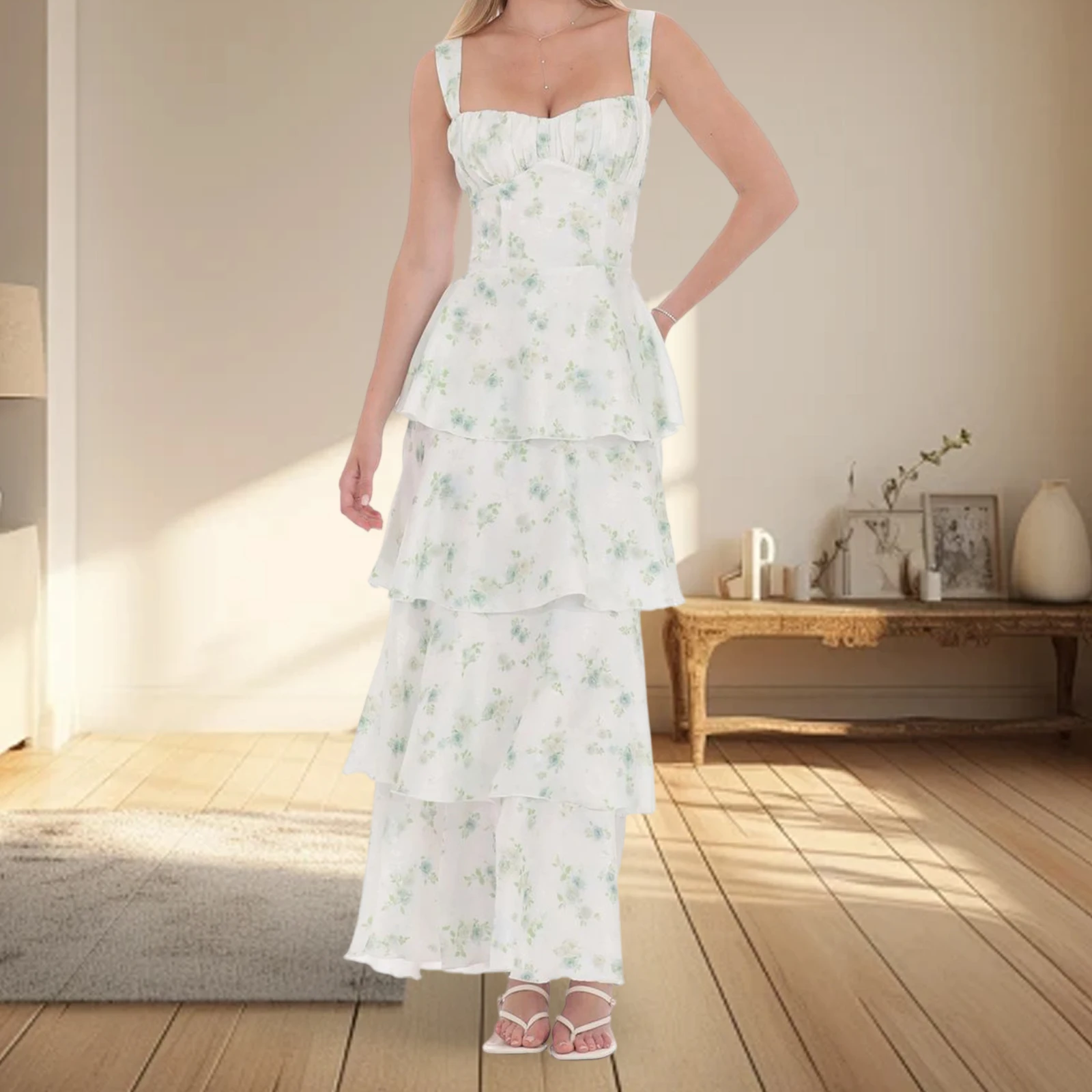 Robe longue d'été pour femmes, nouvelle mode, sans manches, dos ouvert, imprimé floral, robe de plage à plusieurs niveaux, offre spéciale S M L