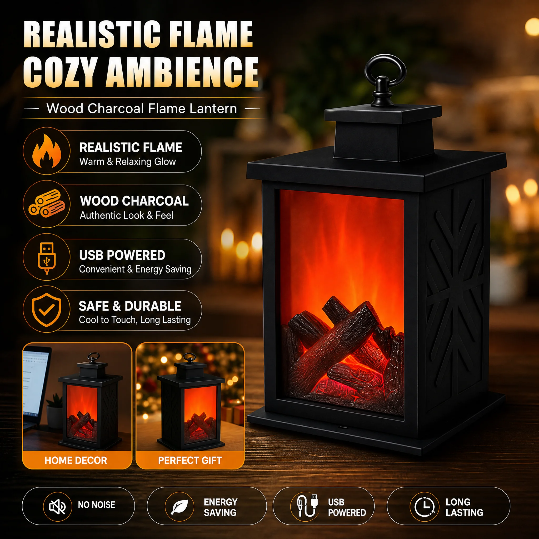 Flameless LED Fireplace Lamp Realistic Flickering Flame USB Vintage Night Light for Christmas Halloween Thanksgiving Decor