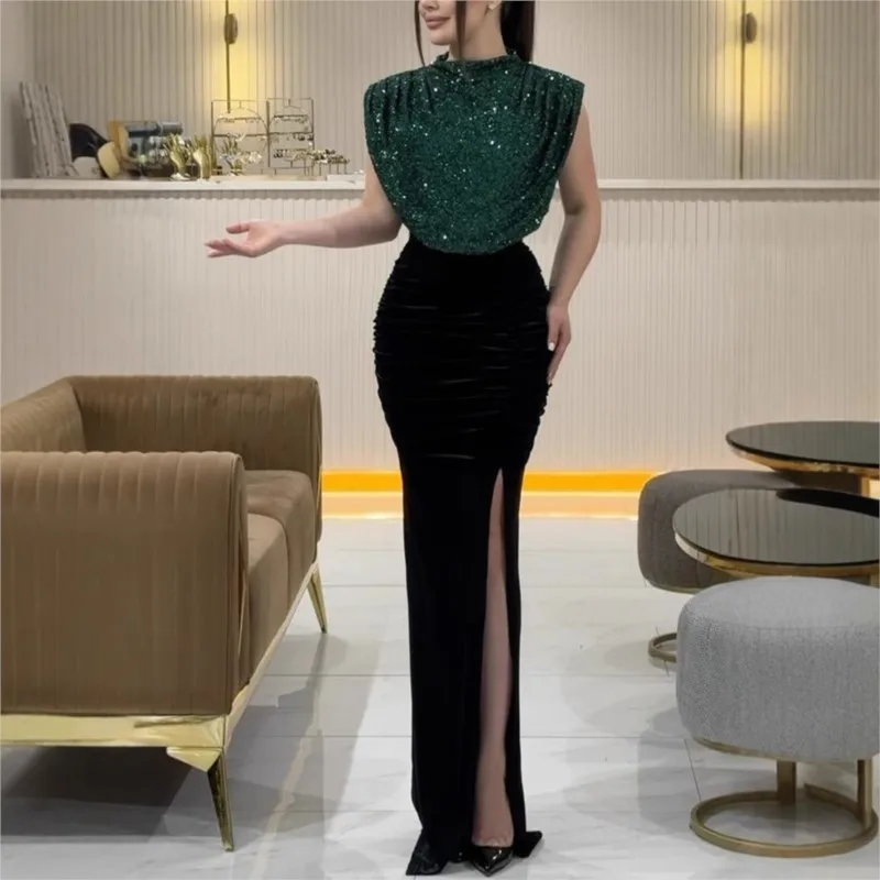 Lady Fashion Sleeveless Draped Split Dress Casual O Neck Sequin Splicing Party Dress 2025 New Year Elegant High Waist Long Dress