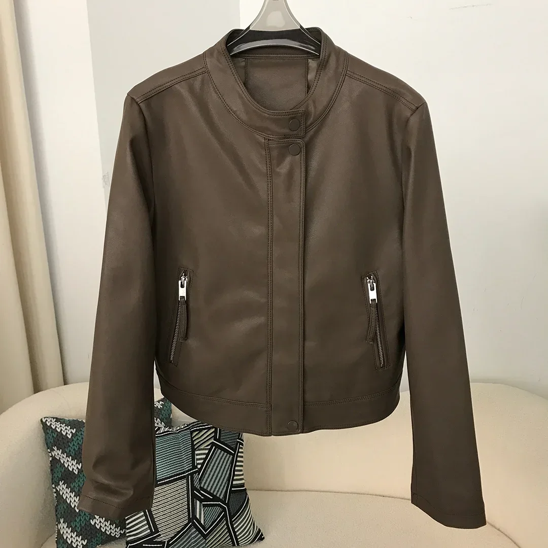 2024  Faux Leather Coat Female Short Casual Motorcycle Artificial Leather Jacket Autumn Fashion PU Leather Blouse Simple Fashion