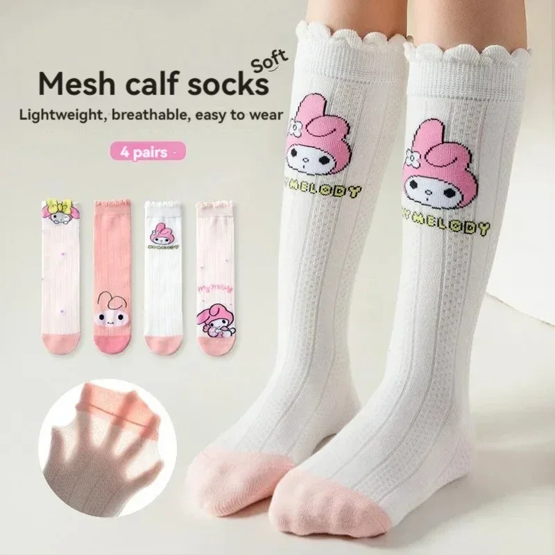 4pairs Cotton Sanrio My Melody Knee Long Sock Breathable Thin Hello Kitty Kuromi Cinnamoroll Girls Middle Tube Sock Calf Sock