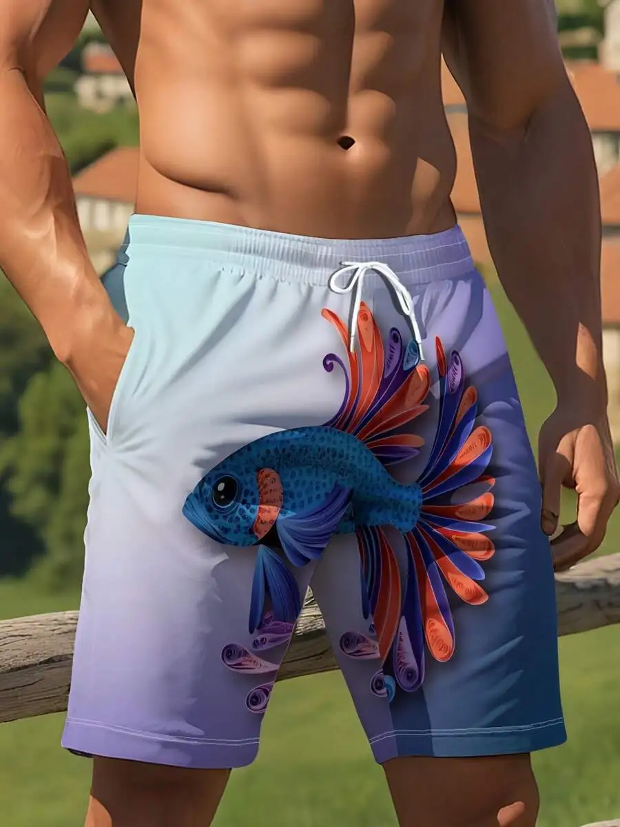 

Gradient Purple Blue Swim Trunks With 3D Paper Art Fish Design Men Beach Shorts