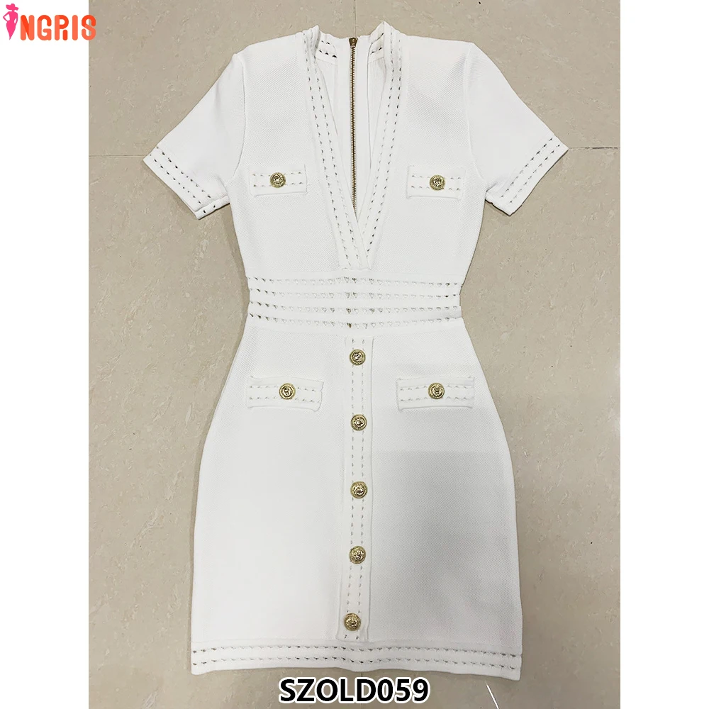 

2025 new designer sexy v-neck short sleeve women slim stretch casual knitted dress tights-SZOLD059
