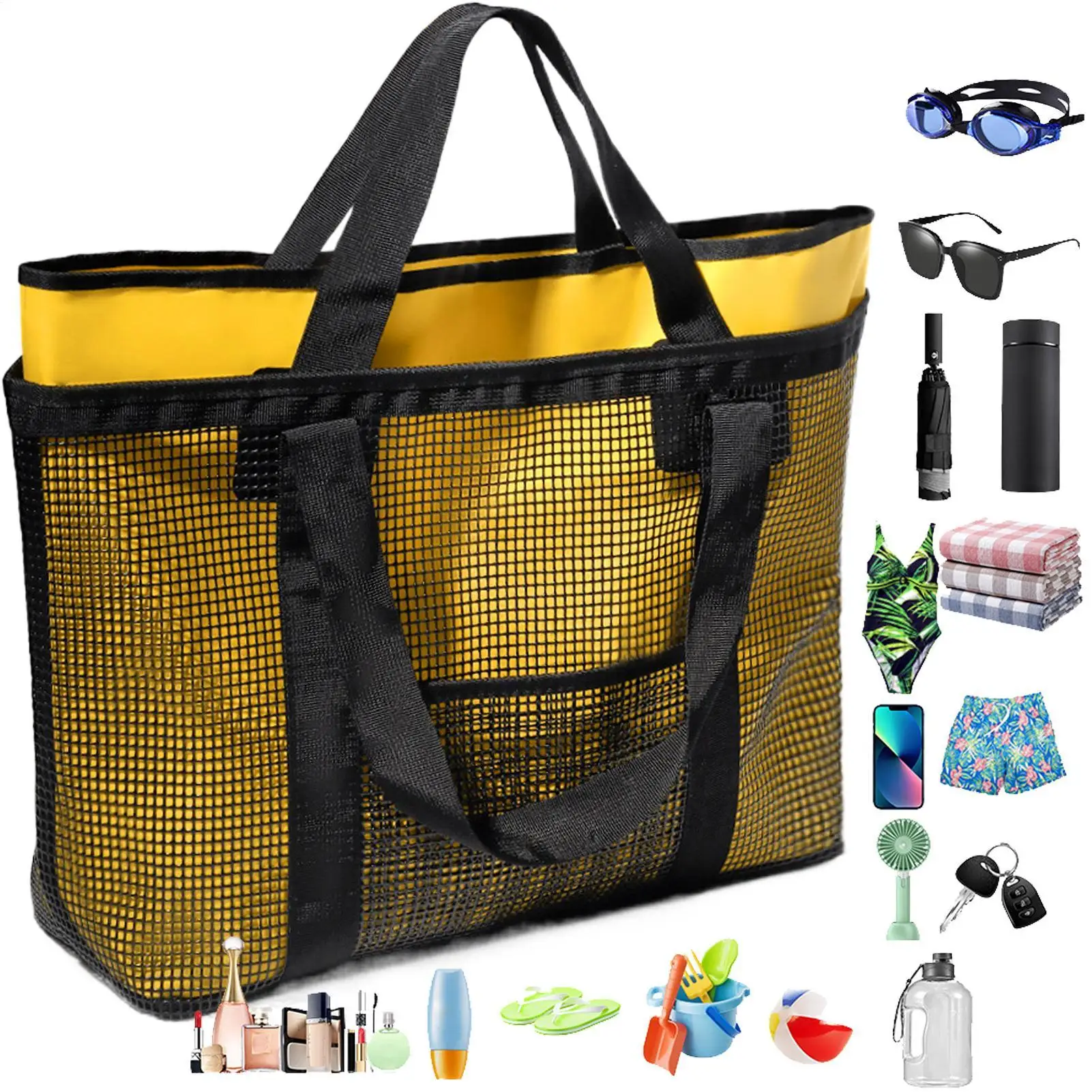 

Beach Bag Travel Tote Mesh Pool Bag Sandproof Handbags With Carabiner Clip Lightweight Summer Pouch For Phone Makeup Toy Blanket
