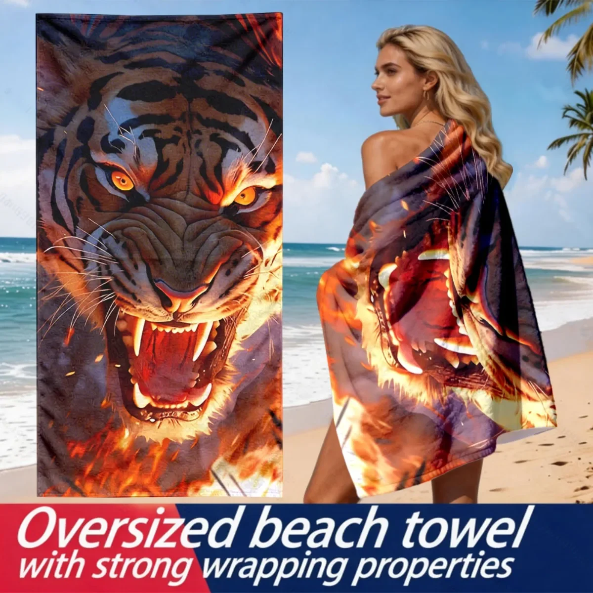 Flame roaring tiger pattern polyester microfiber beach towel is highly absorbent, suitable for swimming and beach outings