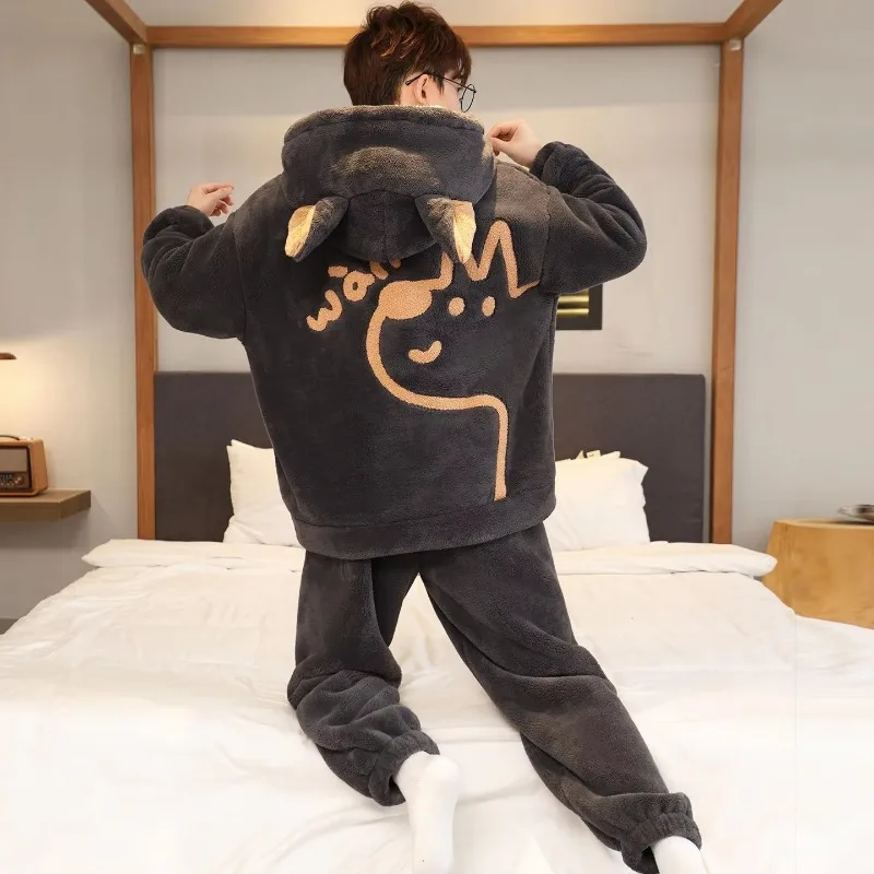 Casual Coral Zipper, Men's Pajamas,Warm Winter Fashion New Large-sized, Loose and Thickened Outdoor Home Wear Set for Teenagers.