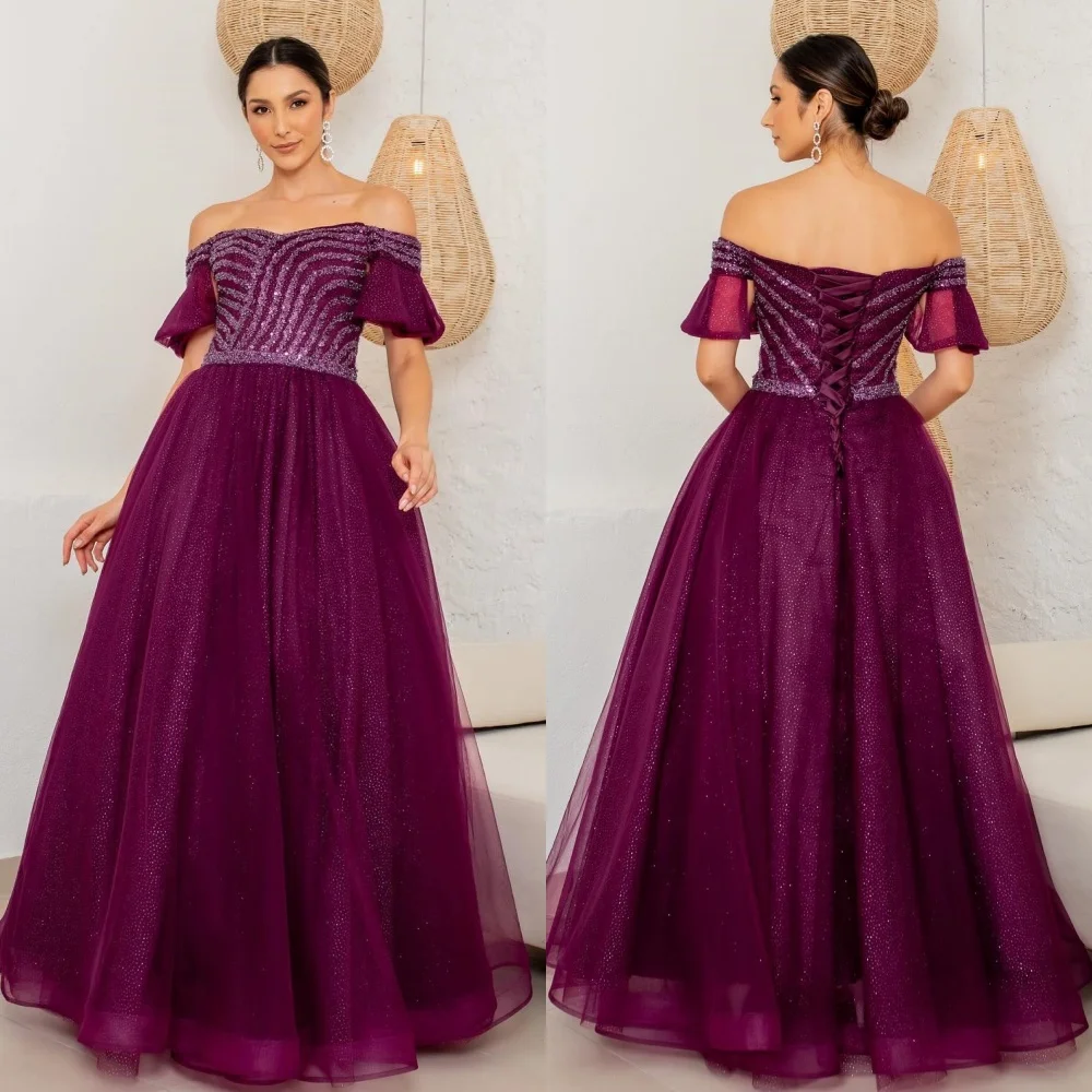 Customized  Evening Organza Sequined Draped Quinceanera A-line Off-the-shoulder Bespoke Occasion Gown Long Dresses