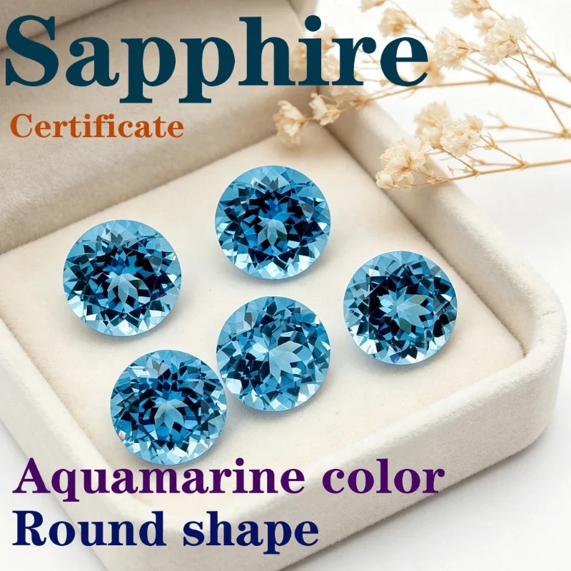 Synthetischer Edelstein Saphir Runde Form Aquamarin-Farbe Zertifiziert Handgeschliffen – Detail 1