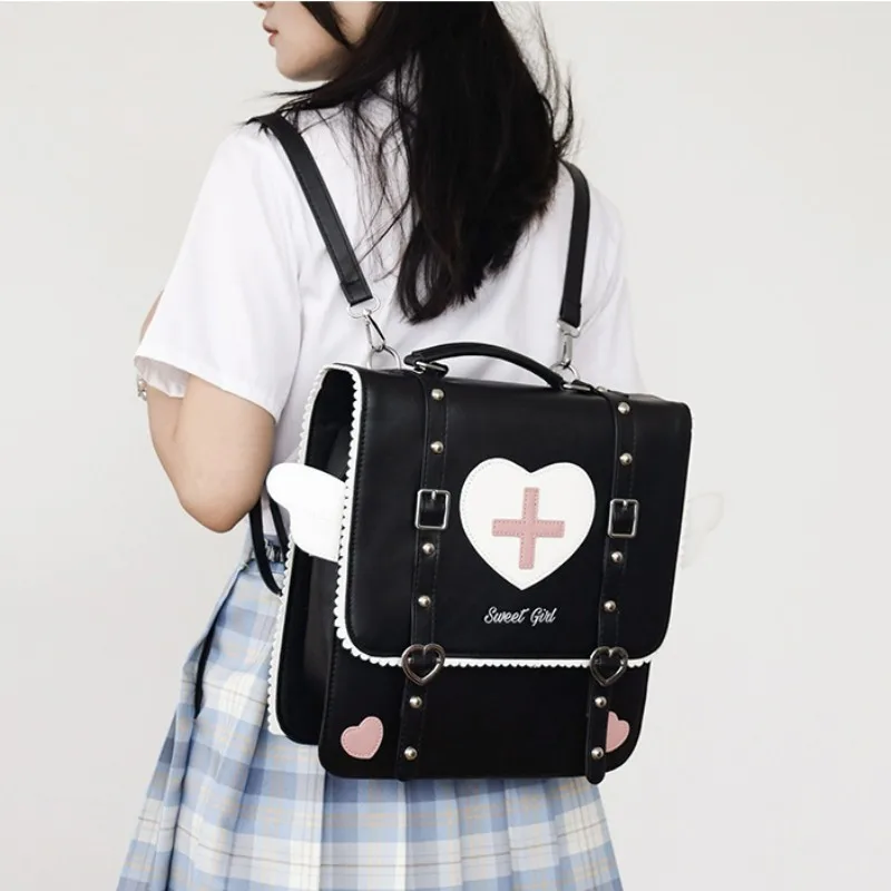 Cute Lolita Japanese Style Backpack for Young Girls Kawaii Uniform School Bag Small Travel Bag Wings Daypack Sweet Handbag