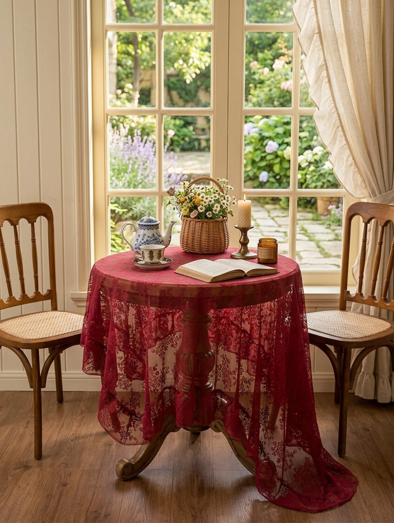 Conference Table Round - Vintage Burgundy Red Lace Tablecloth, Floral